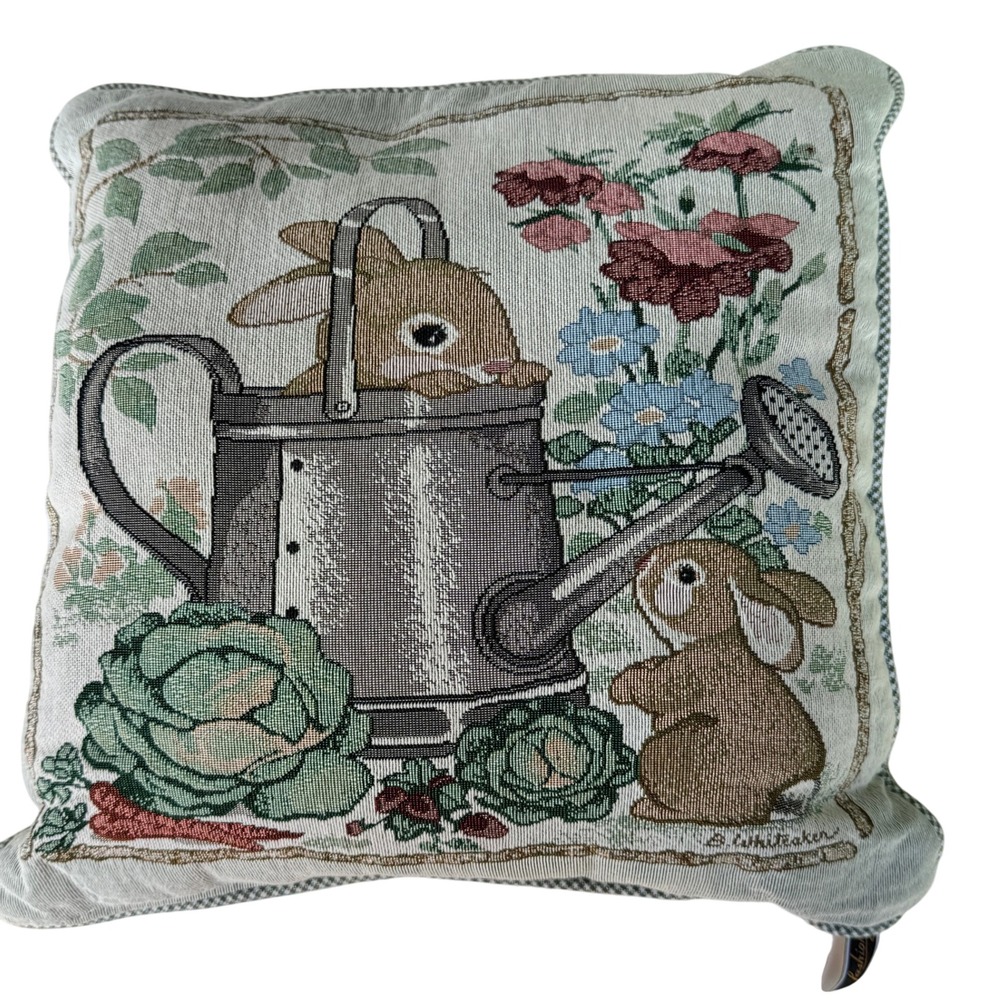 B. Whiteaker Tapestry Bunny Rabbit Watering Can Garden Throw Pillow 16x16